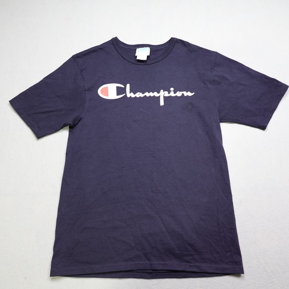 Champion T-Shirt Men Medium Navy Blue Classic Script Logo Crew Neck Tee 0867